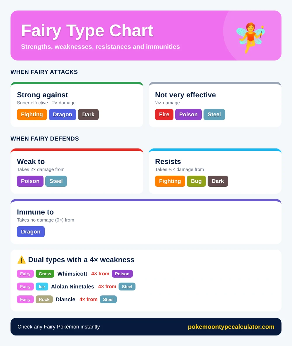 Fairy type chart showing Fairy is strong against Fighting, Dragon and Dark, weak to Poison and Steel, and immune to Dragon