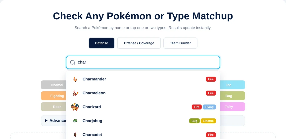 Searching a Pokémon by name in the Pokémon Type Calculator