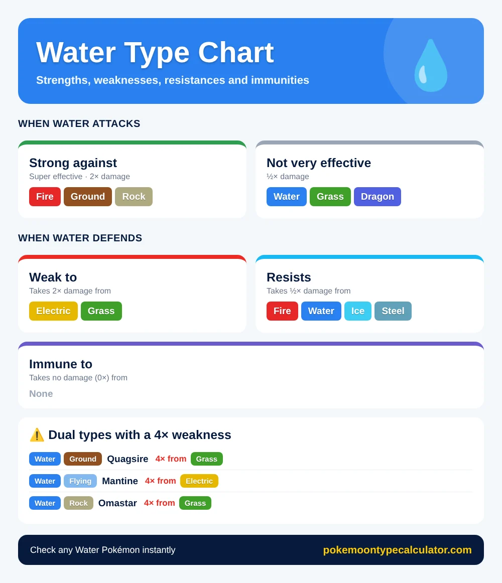 Water type chart showing Water is strong against Fire, Ground and Rock, weak to Electric and Grass, and dual types with a 4× weakness